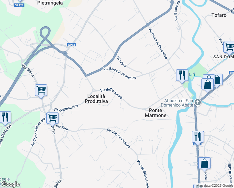 map of restaurants, bars, coffee shops, grocery stores, and more near 13 Via dell'Industria in Sora