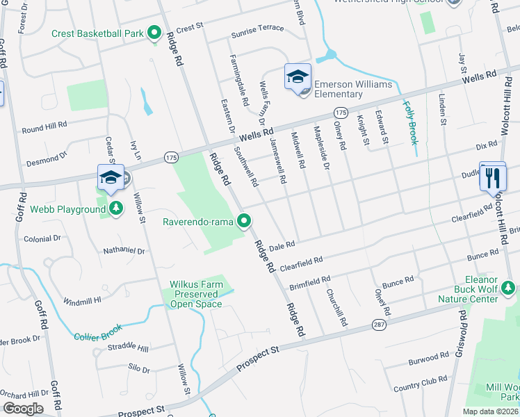 map of restaurants, bars, coffee shops, grocery stores, and more near 88 Southwell Road in Wethersfield