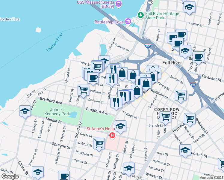 map of restaurants, bars, coffee shops, grocery stores, and more near 224 Mulberry Street in Fall River