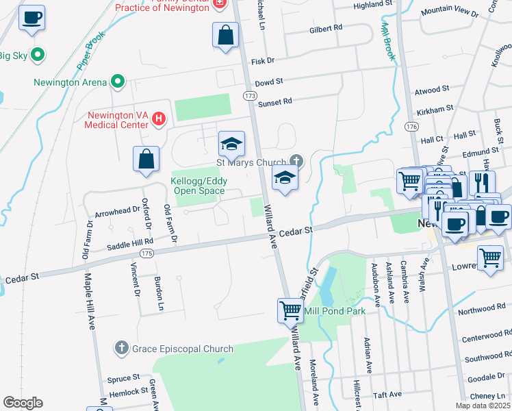 map of restaurants, bars, coffee shops, grocery stores, and more near 679 Willard Avenue in Newington