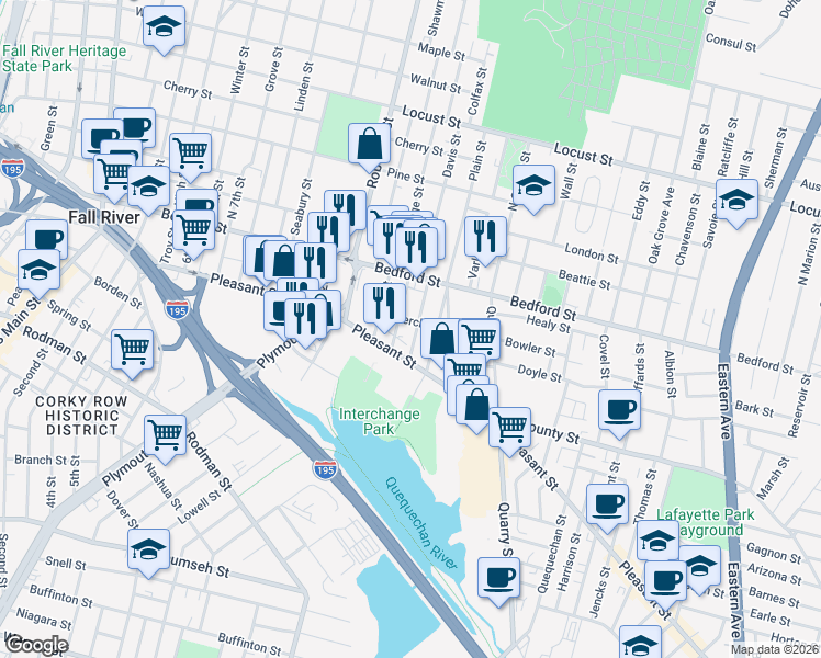 map of restaurants, bars, coffee shops, grocery stores, and more near 50 Merchant Street in Fall River
