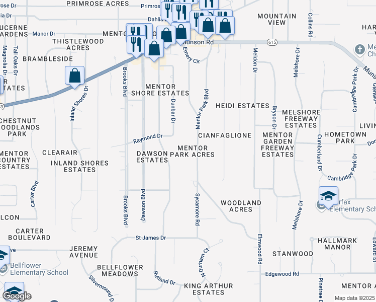 map of restaurants, bars, coffee shops, grocery stores, and more near 6338 Mentor Park Boulevard in Mentor