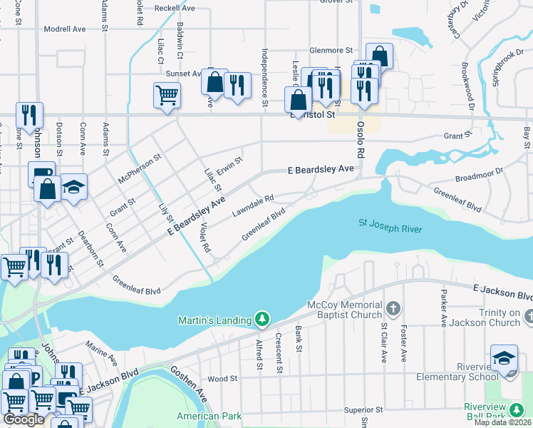 map of restaurants, bars, coffee shops, grocery stores, and more near 1535 Lawndale Road in Elkhart