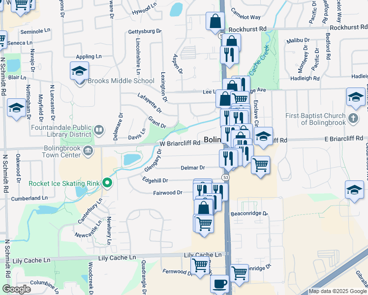map of restaurants, bars, coffee shops, grocery stores, and more near 100 Arcadia Court in Bolingbrook