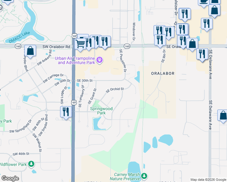 map of restaurants, bars, coffee shops, grocery stores, and more near 401 Southeast Orchid Street in Ankeny