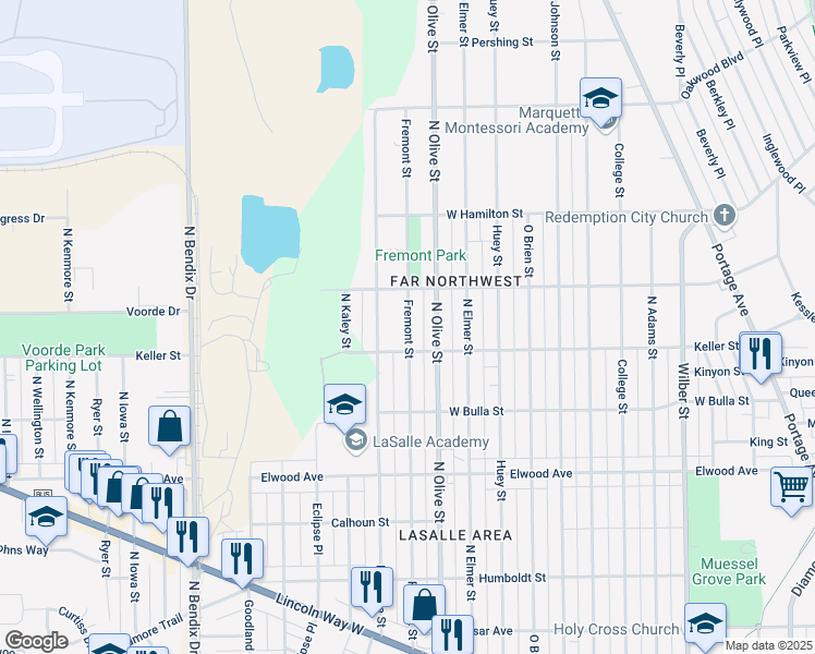 map of restaurants, bars, coffee shops, grocery stores, and more near 1734-1738 Fremont Street in South Bend
