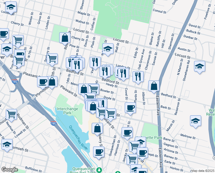map of restaurants, bars, coffee shops, grocery stores, and more near 49 Healy Street in Fall River