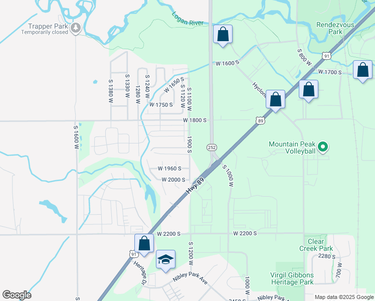 map of restaurants, bars, coffee shops, grocery stores, and more near 1925 South 1100 West in Logan