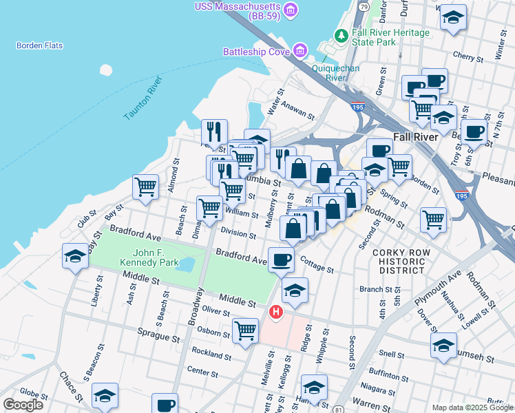 map of restaurants, bars, coffee shops, grocery stores, and more near 257 Hope Street in Fall River