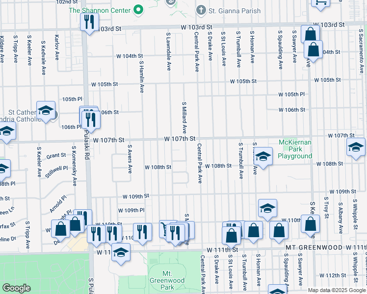 map of restaurants, bars, coffee shops, grocery stores, and more near 3643 West 107th Street in Chicago