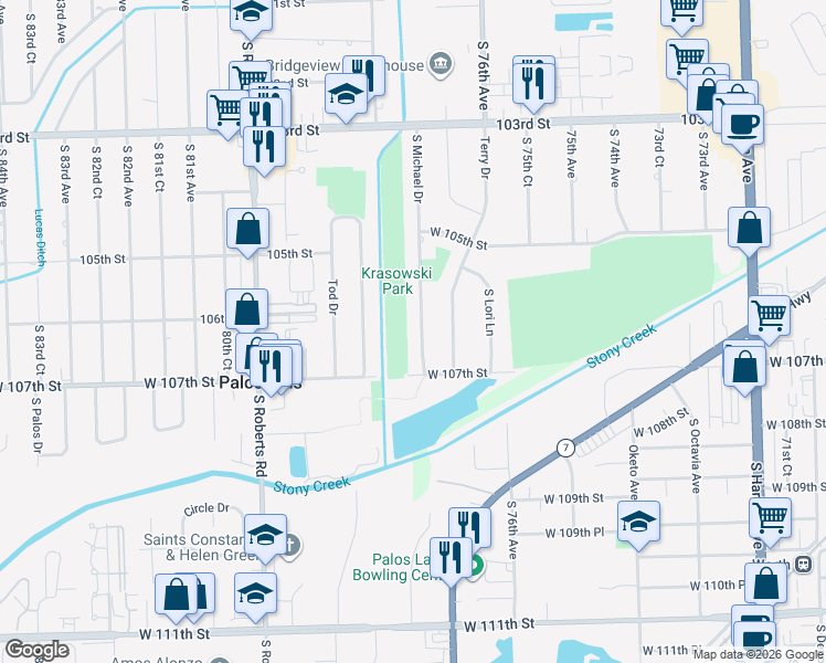 map of restaurants, bars, coffee shops, grocery stores, and more near 10612 South Michael Drive in Palos Hills