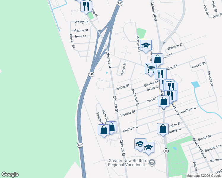 map of restaurants, bars, coffee shops, grocery stores, and more near 8 Amanda Avenue in New Bedford