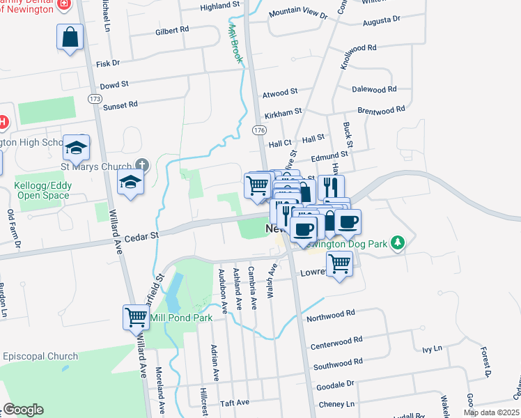 map of restaurants, bars, coffee shops, grocery stores, and more near 955 Main Street in Newington