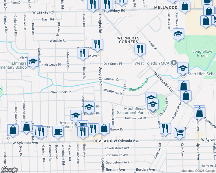 map of restaurants, bars, coffee shops, grocery stores, and more near 2425 Lambert Drive in Toledo