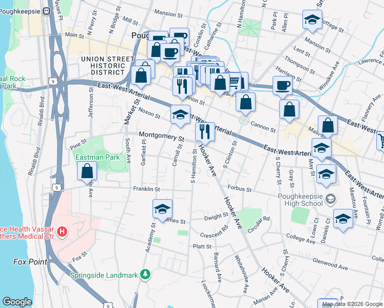 map of restaurants, bars, coffee shops, grocery stores, and more near 73 South Hamilton Street in Poughkeepsie