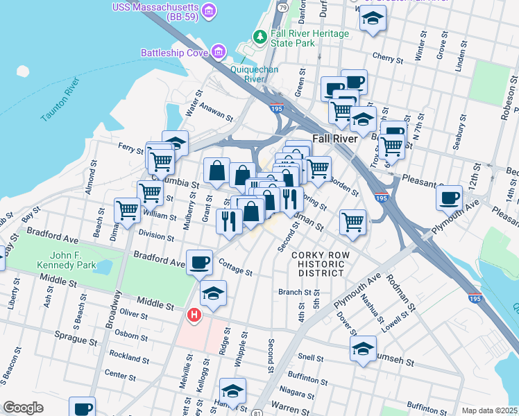 map of restaurants, bars, coffee shops, grocery stores, and more near 231 Union Street in Fall River