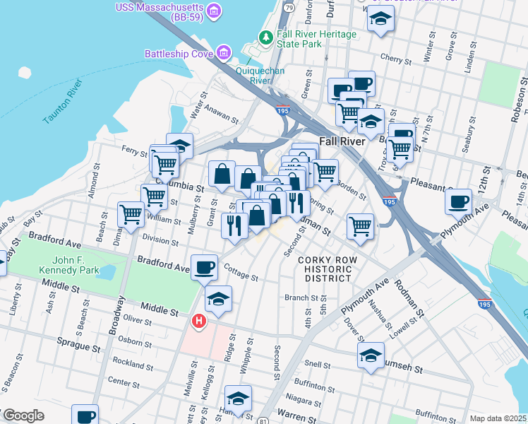map of restaurants, bars, coffee shops, grocery stores, and more near 231 Union Street in Fall River