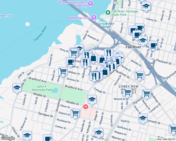 map of restaurants, bars, coffee shops, grocery stores, and more near 32 Grant Street in Fall River