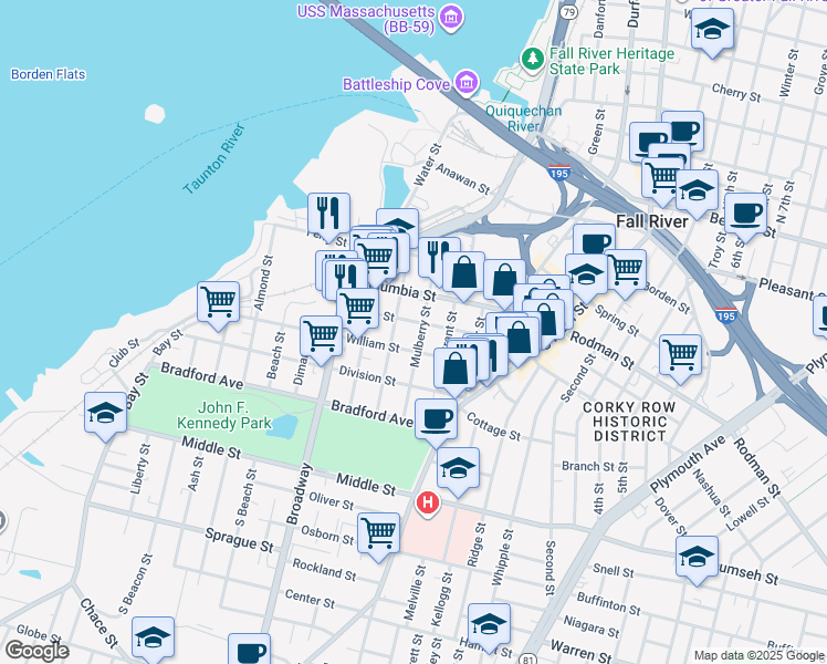 map of restaurants, bars, coffee shops, grocery stores, and more near 257 Hope Street in Fall River