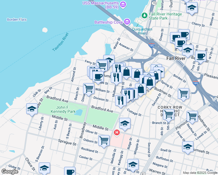 map of restaurants, bars, coffee shops, grocery stores, and more near 257 Hope Street in Fall River