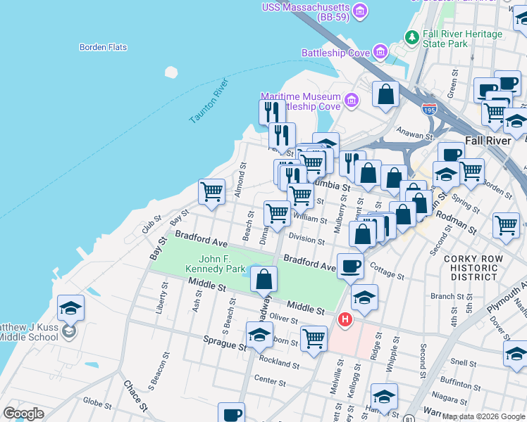 map of restaurants, bars, coffee shops, grocery stores, and more near 170 William Street in Fall River
