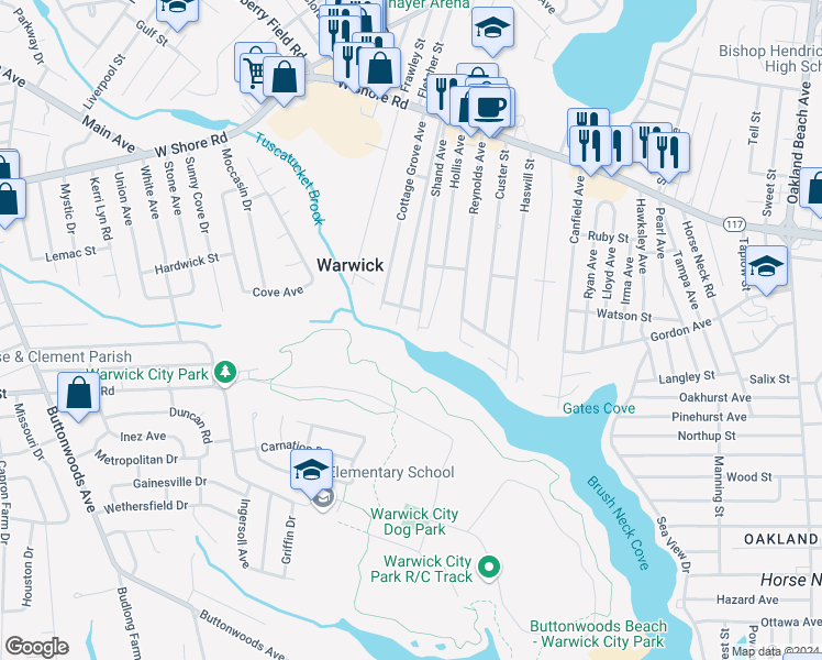 map of restaurants, bars, coffee shops, grocery stores, and more near 203 Shand Avenue in Warwick