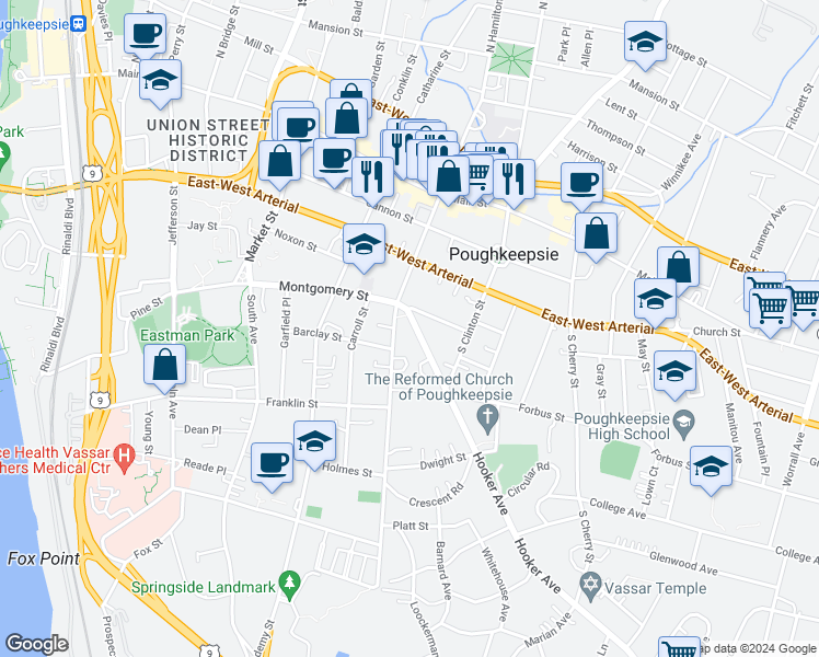 map of restaurants, bars, coffee shops, grocery stores, and more near 6 Hooker Avenue in Poughkeepsie