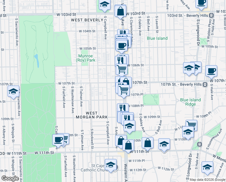 map of restaurants, bars, coffee shops, grocery stores, and more near 10717 South Artesian Avenue in Chicago