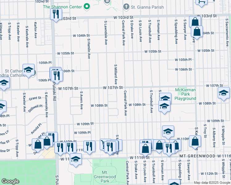 map of restaurants, bars, coffee shops, grocery stores, and more near 3643 West 107th Street in Chicago