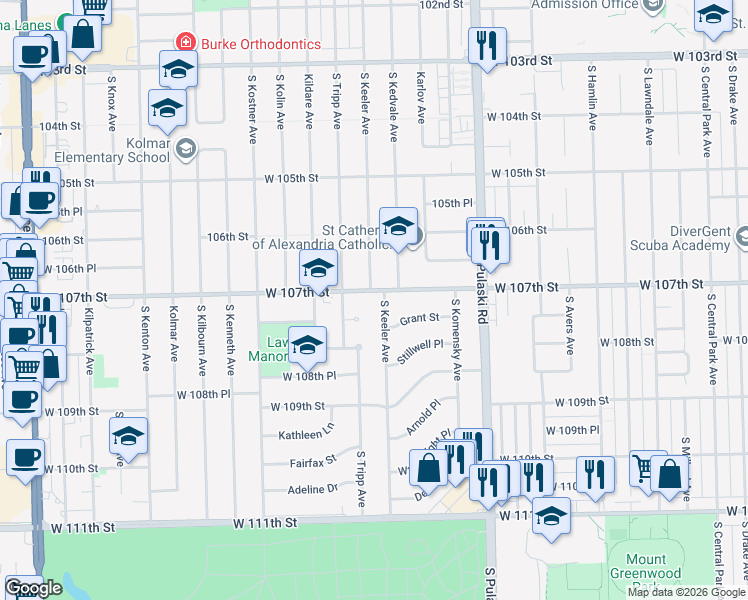 map of restaurants, bars, coffee shops, grocery stores, and more near 10658 South Keeler Avenue in Oak Lawn