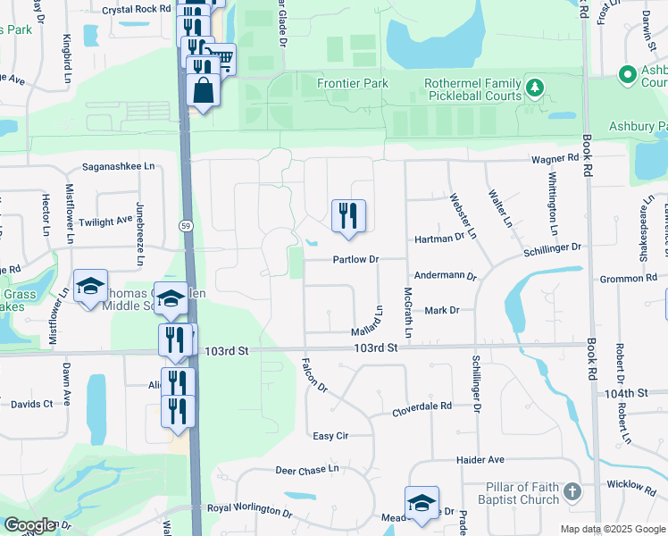 map of restaurants, bars, coffee shops, grocery stores, and more near 2628 Partlow Drive in Naperville