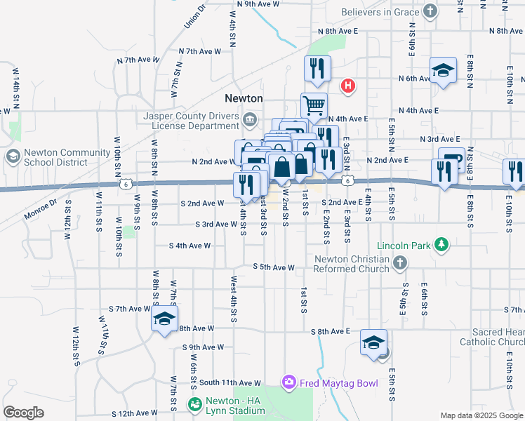 map of restaurants, bars, coffee shops, grocery stores, and more near 201-299 S 2nd Ave W in Newton