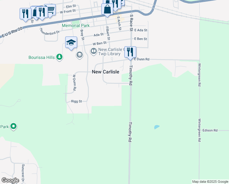 map of restaurants, bars, coffee shops, grocery stores, and more near 220 Chapman Road in New Carlisle
