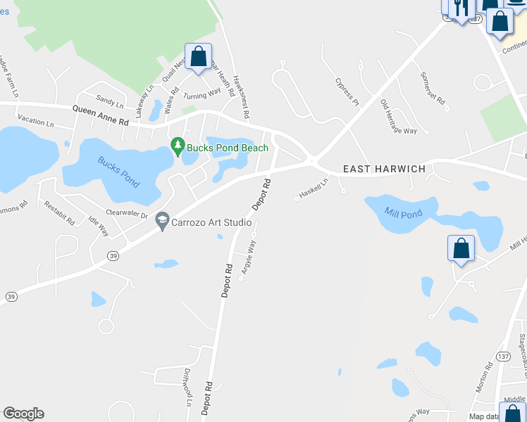 map of restaurants, bars, coffee shops, grocery stores, and more near 297 Depot Road in Harwich