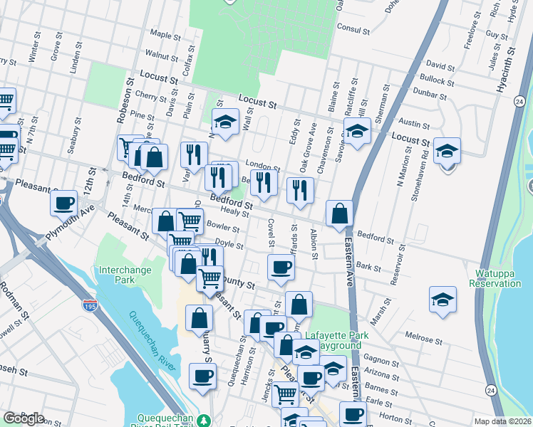 map of restaurants, bars, coffee shops, grocery stores, and more near 1076 Bedford Street in Fall River