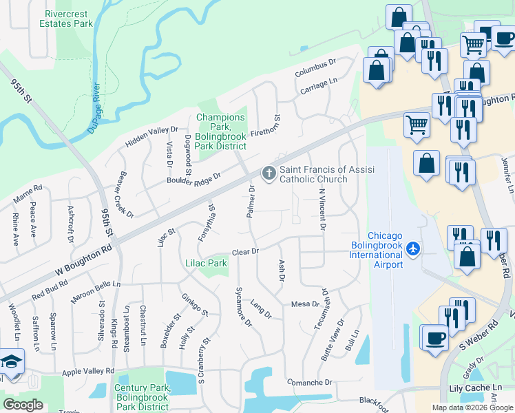 map of restaurants, bars, coffee shops, grocery stores, and more near 1510 Envee Drive in Bolingbrook