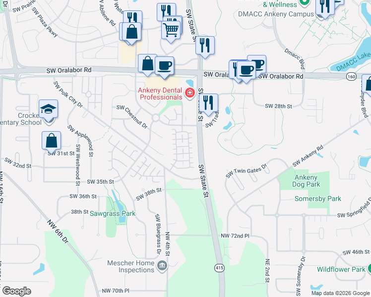 map of restaurants, bars, coffee shops, grocery stores, and more near 3046 Southwest Arlan Lane in Ankeny