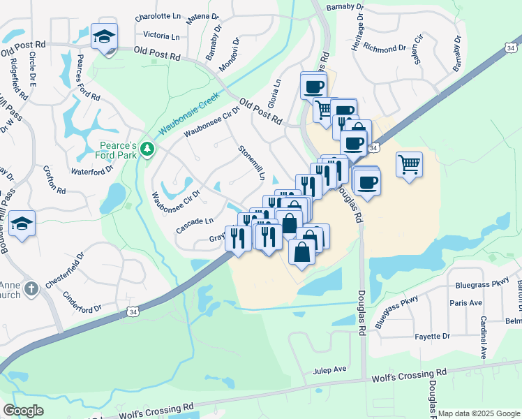 map of restaurants, bars, coffee shops, grocery stores, and more near 114 Grays Court in Oswego