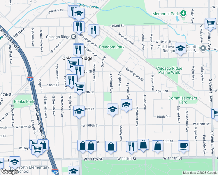 map of restaurants, bars, coffee shops, grocery stores, and more near 10639 Lombard Avenue in Chicago Ridge
