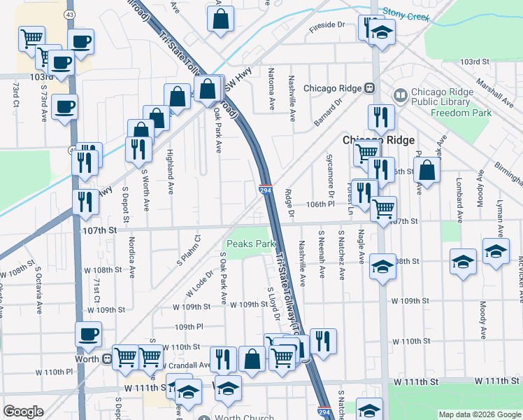 map of restaurants, bars, coffee shops, grocery stores, and more near 6708 107th Street in Chicago Ridge