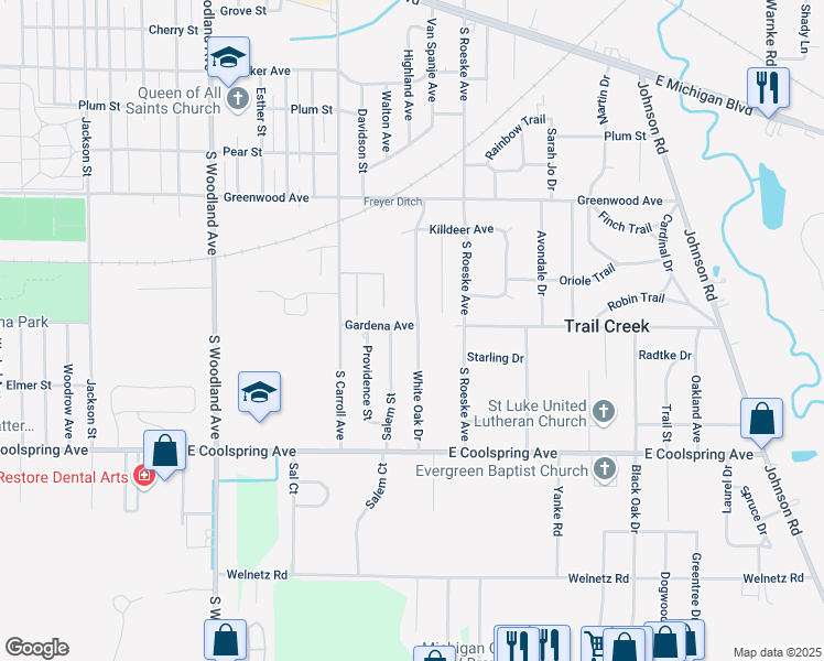 map of restaurants, bars, coffee shops, grocery stores, and more near 304 White Oak Dr in Michigan City