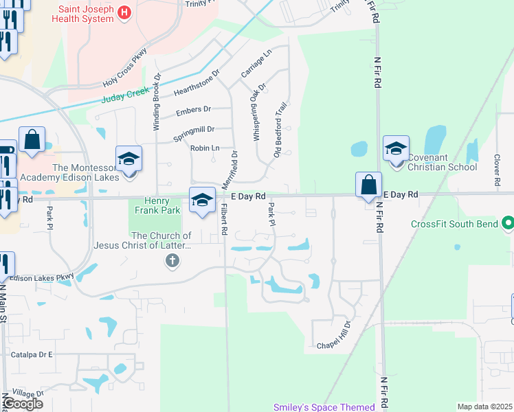 map of restaurants, bars, coffee shops, grocery stores, and more near 1409 East Day Road in Mishawaka