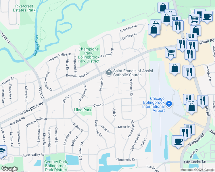 map of restaurants, bars, coffee shops, grocery stores, and more near 1510 Envee Drive in Bolingbrook