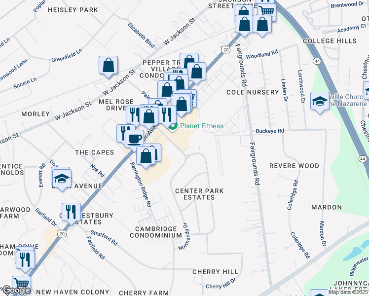 map of restaurants, bars, coffee shops, grocery stores, and more near 77 Normandy Drive in Painesville