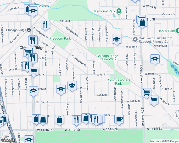 map of restaurants, bars, coffee shops, grocery stores, and more near 10648 Austin Avenue in Chicago Ridge