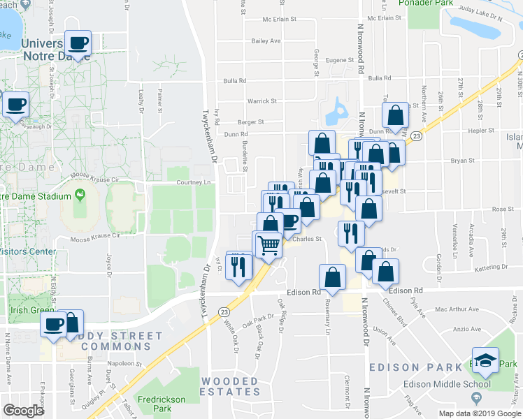 map of restaurants, bars, coffee shops, grocery stores, and more near 1855 Vaness Street in St. Joseph County