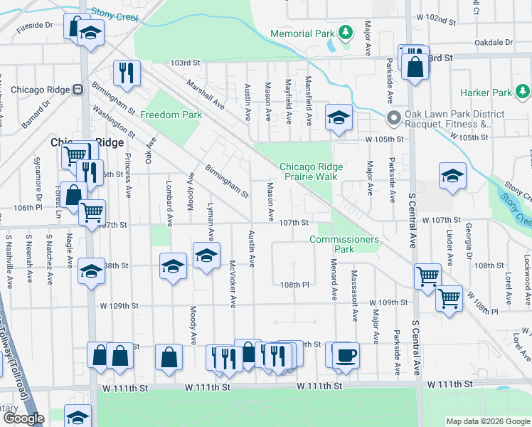 map of restaurants, bars, coffee shops, grocery stores, and more near 10631 Mason Avenue in Chicago Ridge