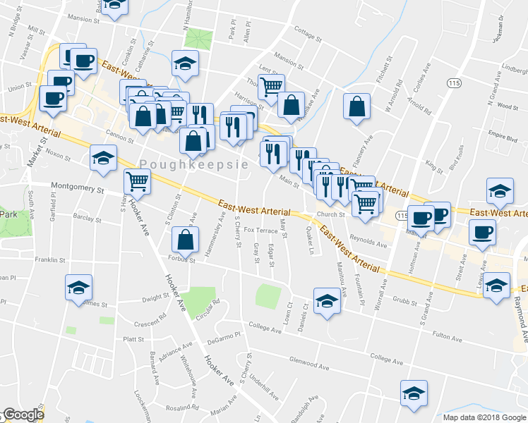 map of restaurants, bars, coffee shops, grocery stores, and more near 340 Church Street in Poughkeepsie