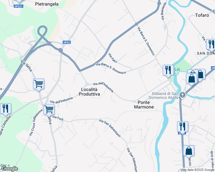 map of restaurants, bars, coffee shops, grocery stores, and more near 13 Via dell'Industria in Sora