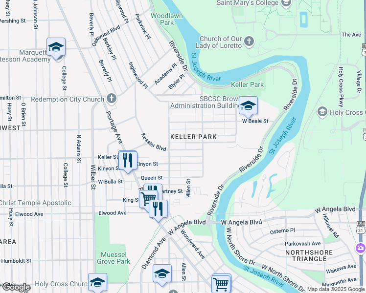 map of restaurants, bars, coffee shops, grocery stores, and more near 1117 West Rose Street in South Bend